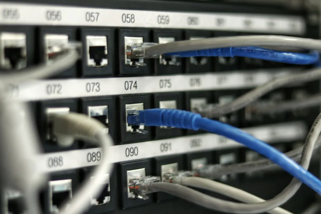 Câbles Ethernet bleus raccordés à un panneau de brassage.